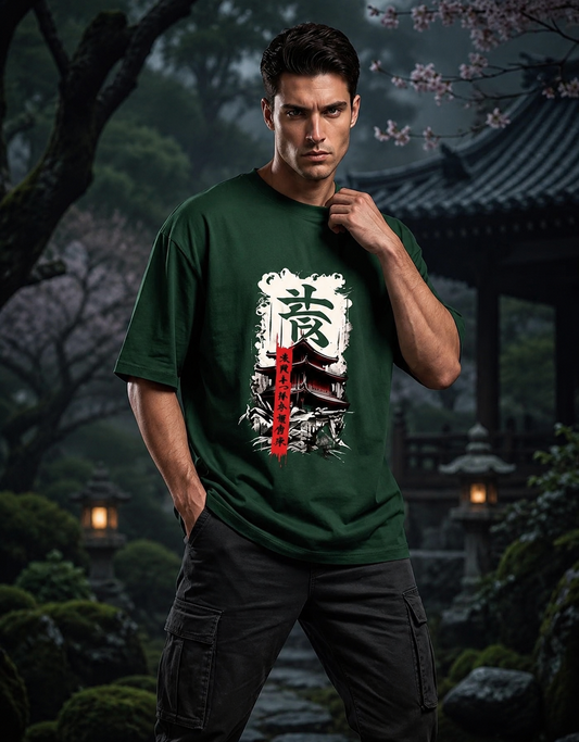 Urban Casual Japanese Pagoda T-Shirt – Crimson Banner & Kanji Art Print Edition