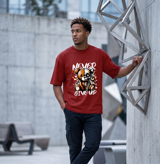 Urban Streetwear Never Give Up Unisex Oversized T-Shirt – Half Skeleton Teddy Bear Edition