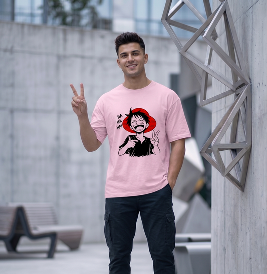 Urban Streetwear Straw Hat Boy Unisex Oversized T-Shirt – Crimson Accent Peace Sign Edition