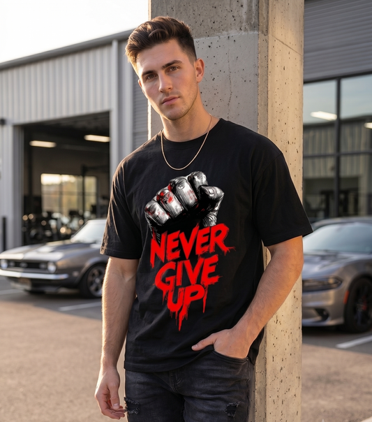 Never Give Up Clenched Fist Graphic T-Shirt | Premium Motivational Athletic Top