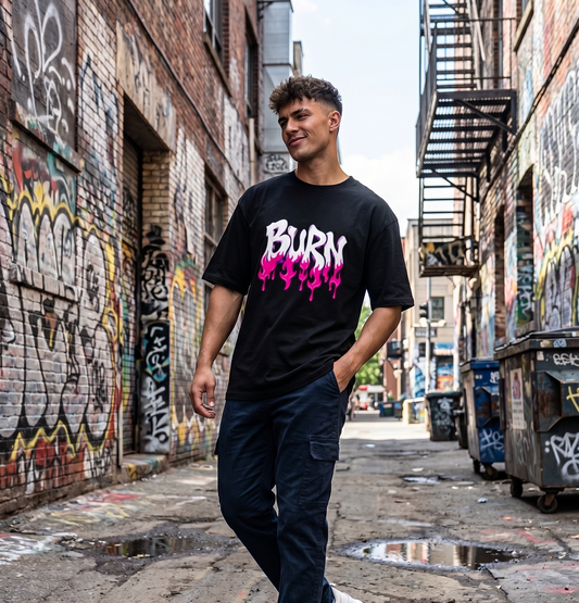 Urban Streetwear Burn Unisex Oversized T-Shirt – Hot Pink Melting Flame Edition